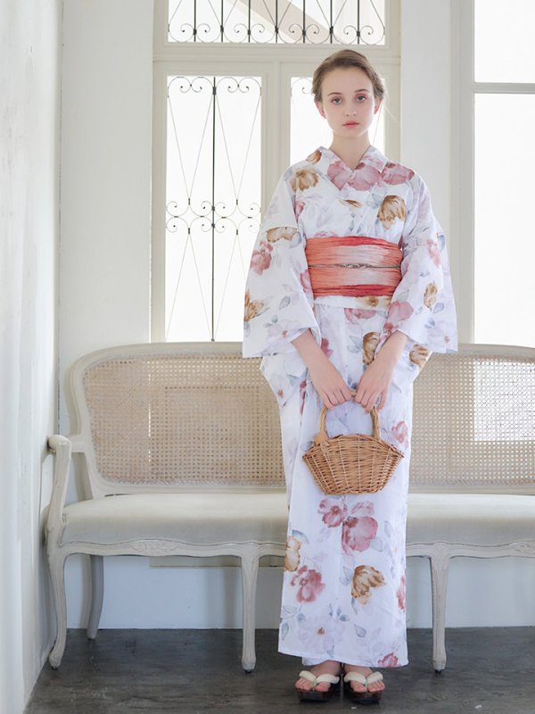 画像13: 【即日発送】【浴衣】白地x暖色椿浴衣【浴衣３点セット 浴衣/帯/下駄】[YMT] (13)