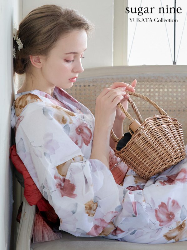 画像3: 【即日発送】【浴衣】白地x暖色椿浴衣【浴衣３点セット 浴衣/帯/下駄】[YMT] (3)
