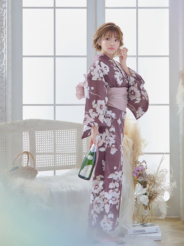 画像12: 【即日発送】【浴衣セール】エンジ×椿ニュアンス浴衣【浴衣３点セット 浴衣/帯/下駄】[YMT] (12)