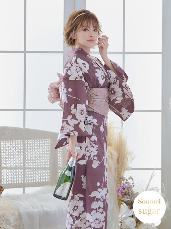 画像3: 【即日発送】【浴衣セール】エンジ×椿ニュアンス浴衣【浴衣３点セット 浴衣/帯/下駄】[YMT] (3)