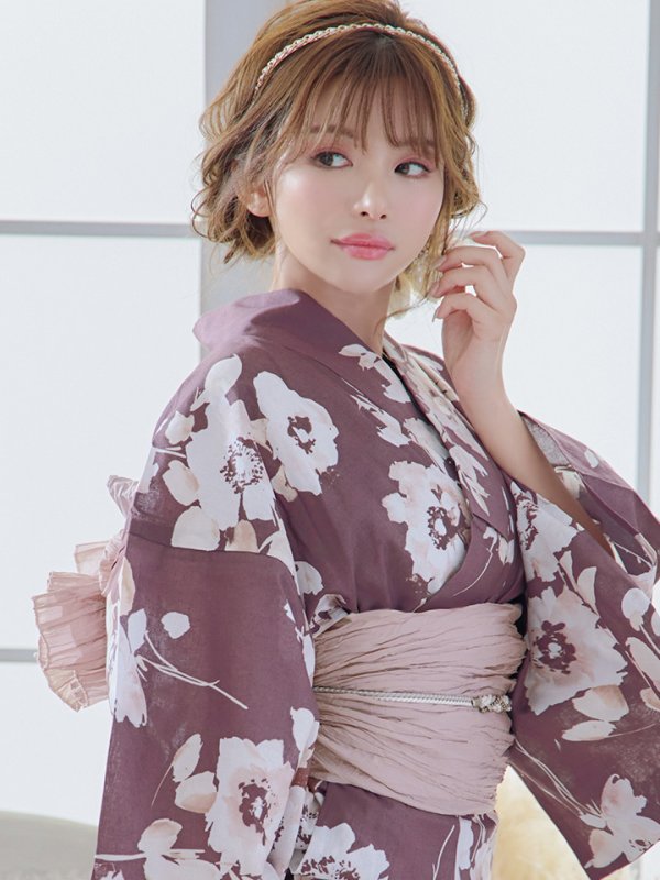 画像5: 【即日発送】【浴衣セール】エンジ×椿ニュアンス浴衣【浴衣３点セット 浴衣/帯/下駄】[YMT] (5)