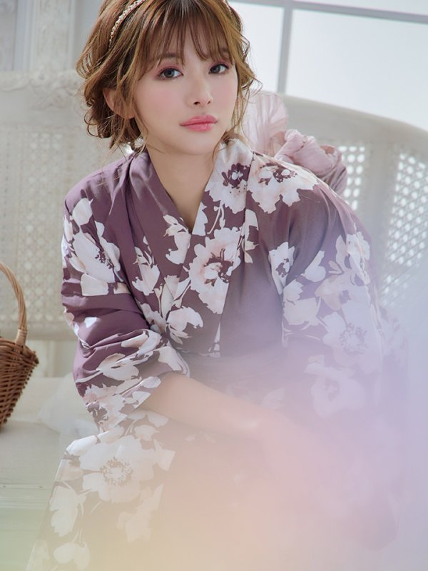 画像7: 【即日発送】【浴衣セール】エンジ×椿ニュアンス浴衣【浴衣３点セット 浴衣/帯/下駄】[YMT] (7)