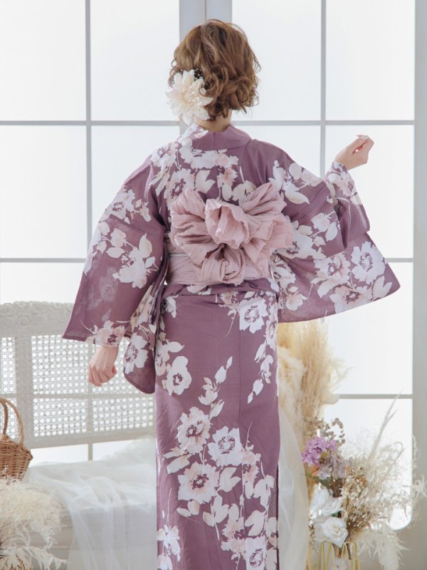 画像9: 【即日発送】【浴衣セール】エンジ×椿ニュアンス浴衣【浴衣３点セット 浴衣/帯/下駄】[YMT] (9)