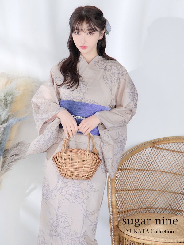 画像2: 【即日発送】【浴衣】ベージュ地に線画の椿浴衣 【浴衣３点セット 浴衣/帯/下駄】[YMT] (2)