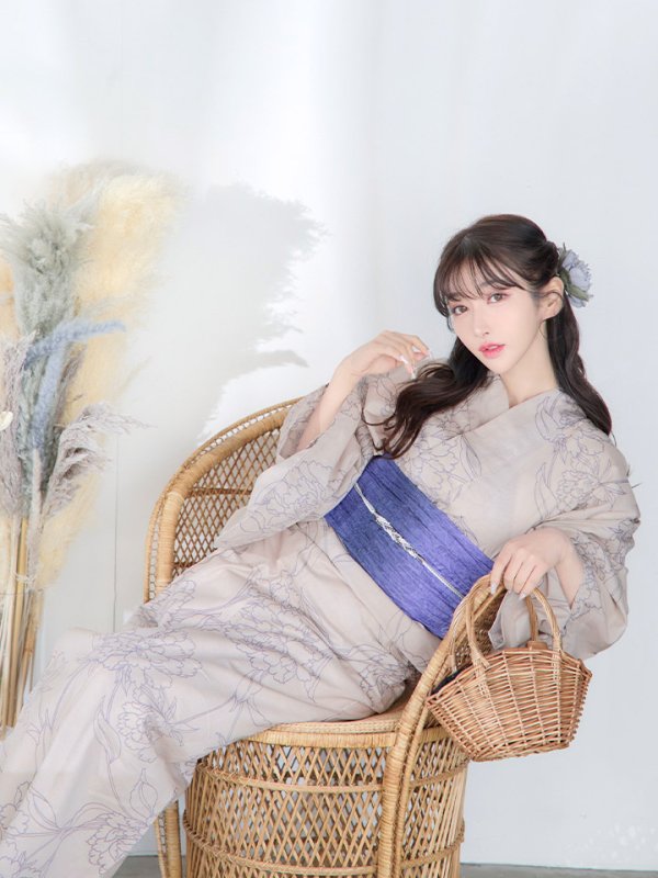 画像10: 【即日発送】【浴衣】ベージュ地に線画の椿浴衣 【浴衣３点セット 浴衣/帯/下駄】[YMT] (10)