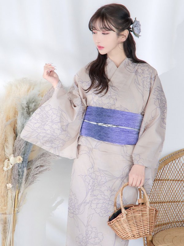 画像11: 【即日発送】【浴衣】ベージュ地に線画の椿浴衣 【浴衣３点セット 浴衣/帯/下駄】[YMT] (11)