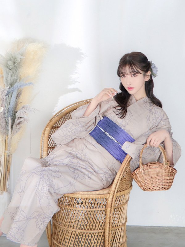 画像12: 【即日発送】【浴衣】ベージュ地に線画の椿浴衣 【浴衣３点セット 浴衣/帯/下駄】[YMT] (12)