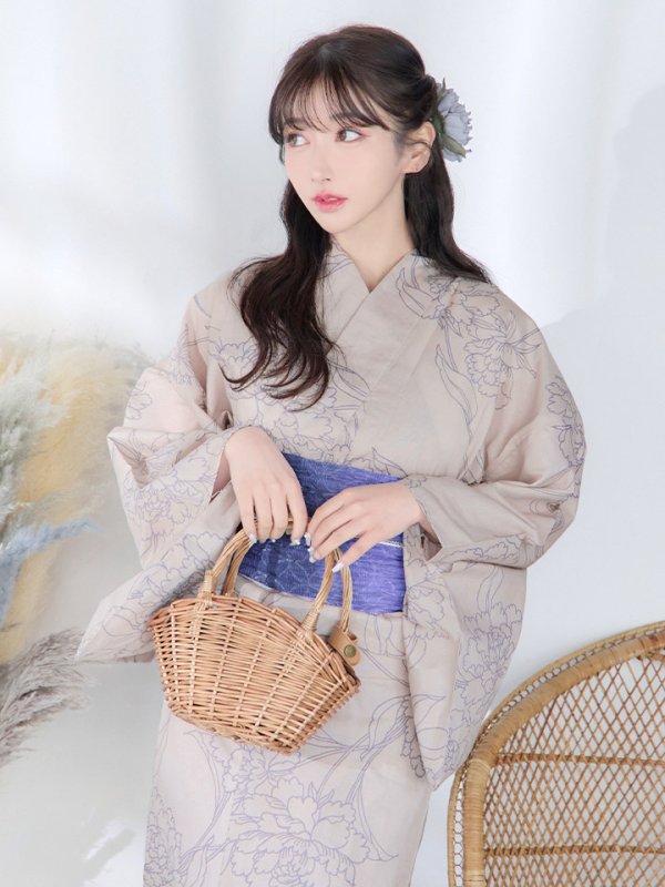 画像13: 【即日発送】【浴衣】ベージュ地に線画の椿浴衣 【浴衣３点セット 浴衣/帯/下駄】[YMT] (13)