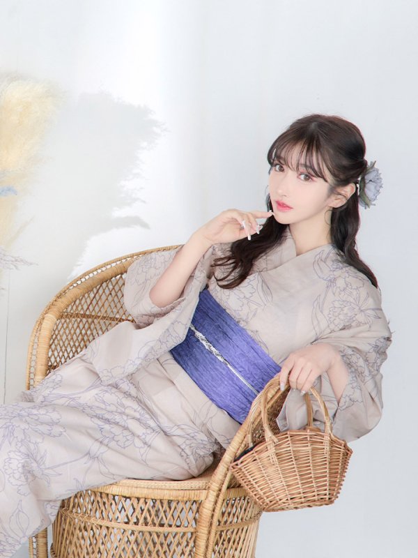 画像14: 【即日発送】【浴衣】ベージュ地に線画の椿浴衣 【浴衣３点セット 浴衣/帯/下駄】[YMT] (14)