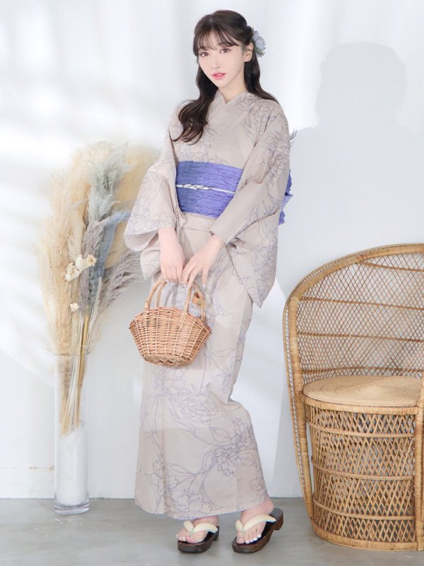 画像15: 【即日発送】【浴衣】ベージュ地に線画の椿浴衣 【浴衣３点セット 浴衣/帯/下駄】[YMT] (15)