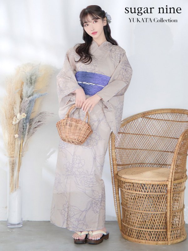 画像3: 【即日発送】【浴衣】ベージュ地に線画の椿浴衣 【浴衣３点セット 浴衣/帯/下駄】[YMT] (3)