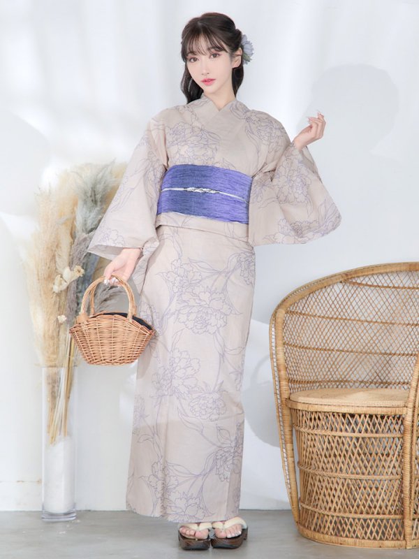 画像4: 【即日発送】【浴衣】ベージュ地に線画の椿浴衣 【浴衣３点セット 浴衣/帯/下駄】[YMT] (4)