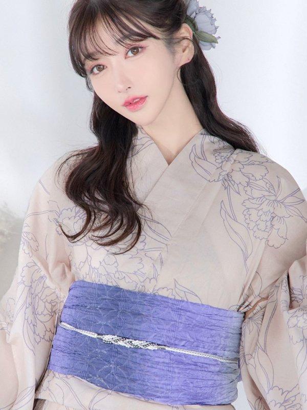 画像5: 【即日発送】【浴衣】ベージュ地に線画の椿浴衣 【浴衣３点セット 浴衣/帯/下駄】[YMT] (5)