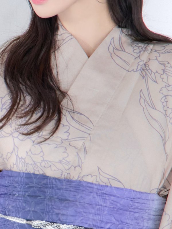 画像6: 【即日発送】【浴衣】ベージュ地に線画の椿浴衣 【浴衣３点セット 浴衣/帯/下駄】[YMT] (6)