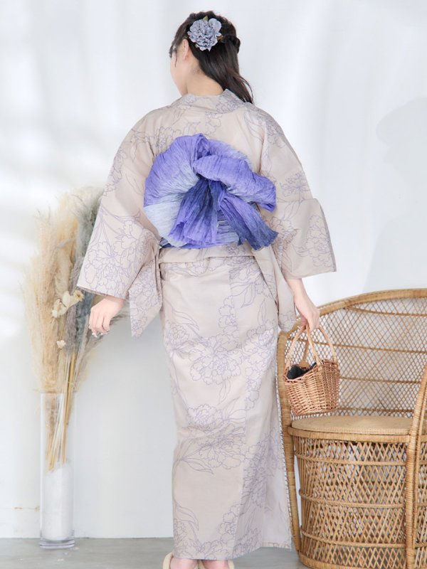 画像8: 【即日発送】【浴衣】ベージュ地に線画の椿浴衣 【浴衣３点セット 浴衣/帯/下駄】[YMT] (8)