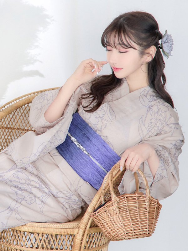 画像9: 【即日発送】【浴衣】ベージュ地に線画の椿浴衣 【浴衣３点セット 浴衣/帯/下駄】[YMT] (9)