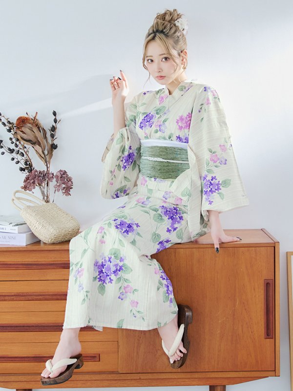 画像10: 【即日発送】クリームストライプ地x紫陽花浴衣【浴衣３点セット 浴衣/帯/下駄】[YMT] (10)