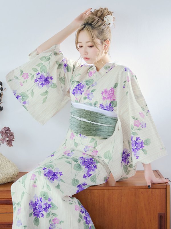 画像11: 【即日発送】クリームストライプ地x紫陽花浴衣【浴衣３点セット 浴衣/帯/下駄】[YMT] (11)
