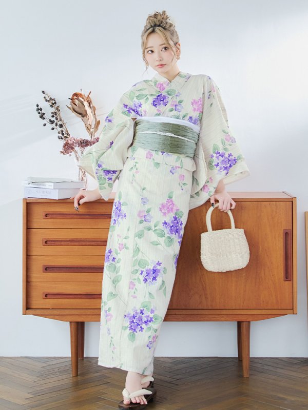 画像12: 【即日発送】クリームストライプ地x紫陽花浴衣【浴衣３点セット 浴衣/帯/下駄】[YMT] (12)
