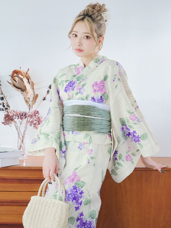 画像13: 【即日発送】クリームストライプ地x紫陽花浴衣【浴衣３点セット 浴衣/帯/下駄】[YMT] (13)