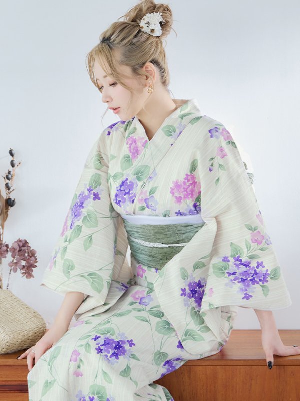 画像14: 【即日発送】クリームストライプ地x紫陽花浴衣【浴衣３点セット 浴衣/帯/下駄】[YMT] (14)