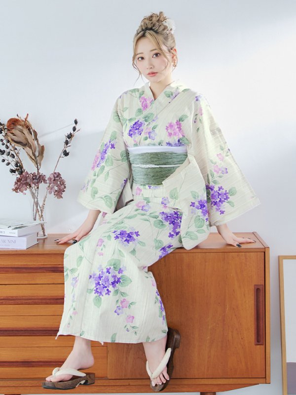画像15: 【即日発送】クリームストライプ地x紫陽花浴衣【浴衣３点セット 浴衣/帯/下駄】[YMT] (15)