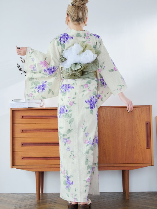 画像16: 【即日発送】クリームストライプ地x紫陽花浴衣【浴衣３点セット 浴衣/帯/下駄】[YMT] (16)