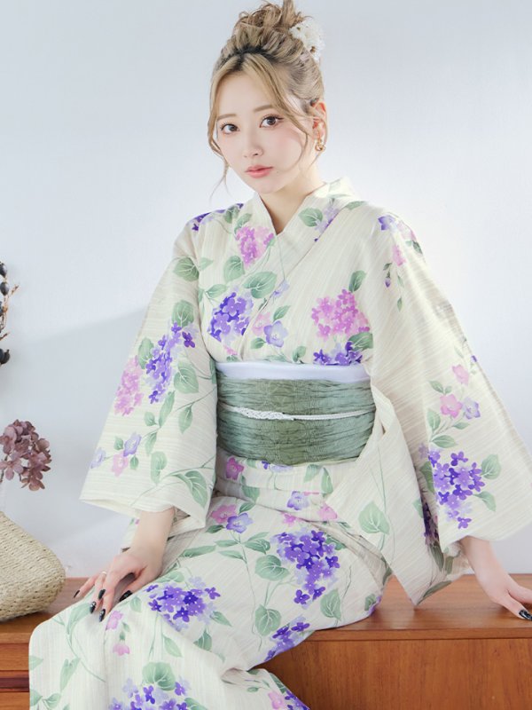 画像2: 【即日発送】クリームストライプ地x紫陽花浴衣【浴衣３点セット 浴衣/帯/下駄】[YMT] (2)