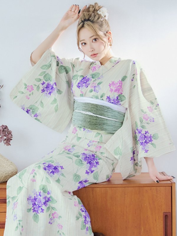 画像6: 【即日発送】クリームストライプ地x紫陽花浴衣【浴衣３点セット 浴衣/帯/下駄】[YMT] (6)