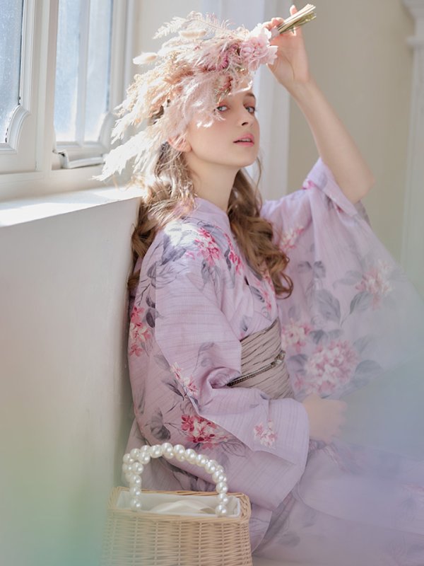 画像14: 【即日発送】【浴衣セール】ピンクストライプ地x紫陽花浴衣 【浴衣３点セット 浴衣/帯/下駄】[YMT] (14)