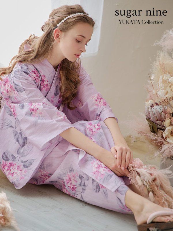 画像2: 【即日発送】【浴衣セール】ピンクストライプ地x紫陽花浴衣 【浴衣３点セット 浴衣/帯/下駄】[YMT] (2)