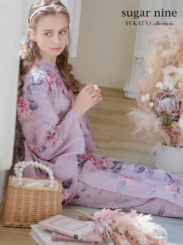 画像3: 【即日発送】【浴衣セール】ピンクストライプ地x紫陽花浴衣 【浴衣３点セット 浴衣/帯/下駄】[YMT] (3)