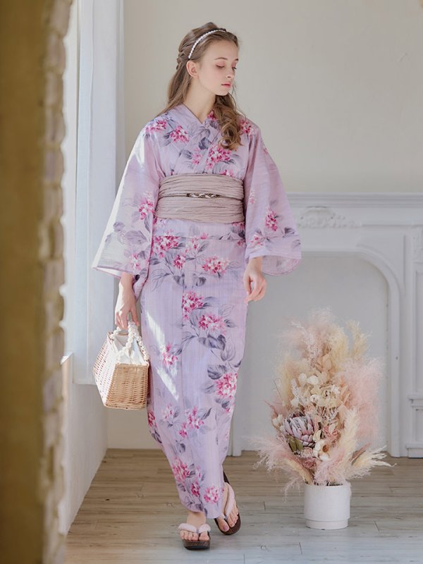 画像4: 【即日発送】【浴衣セール】ピンクストライプ地x紫陽花浴衣 【浴衣３点セット 浴衣/帯/下駄】[YMT] (4)