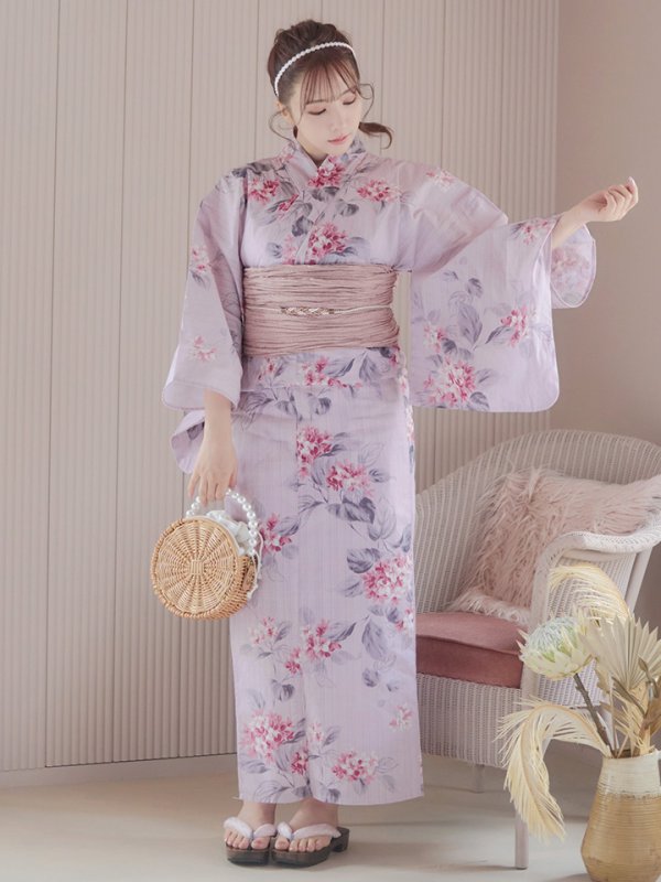 画像11: 【即日発送】【浴衣セール】ピンクストライプ地x紫陽花浴衣 【浴衣３点セット 浴衣/帯/下駄】[YMT] (11)