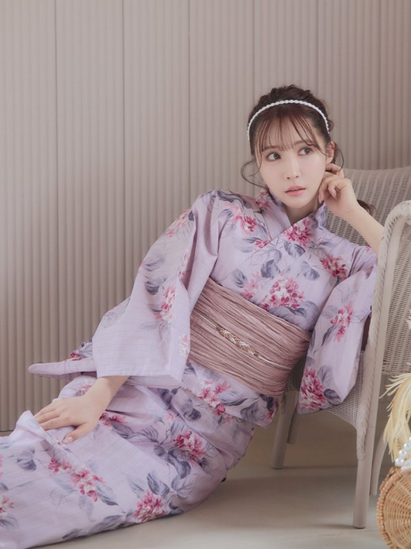 画像14: 【即日発送】【浴衣セール】ピンクストライプ地x紫陽花浴衣 【浴衣３点セット 浴衣/帯/下駄】[YMT] (14)