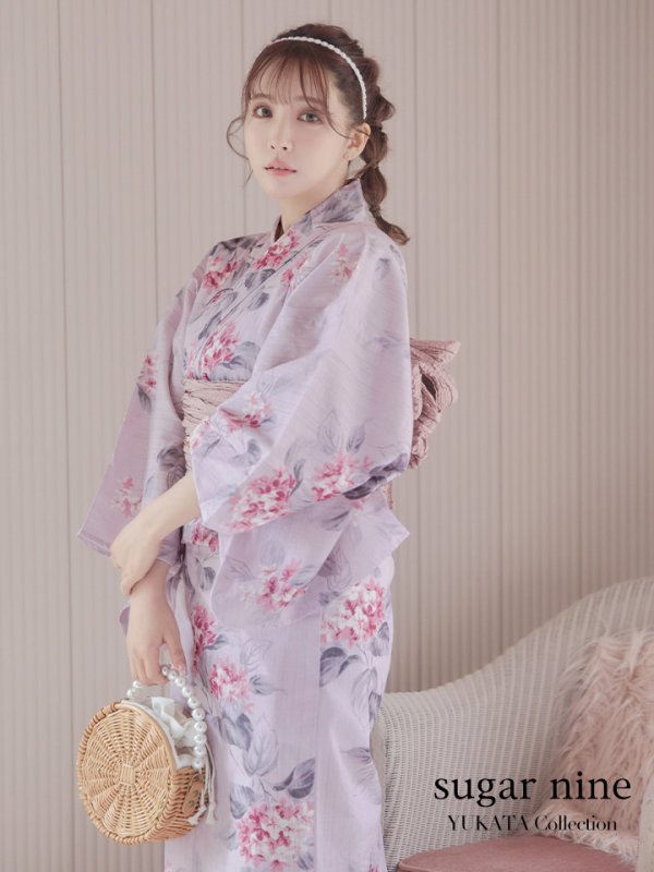 画像2: 【即日発送】【浴衣セール】ピンクストライプ地x紫陽花浴衣 【浴衣３点セット 浴衣/帯/下駄】[YMT] (2)