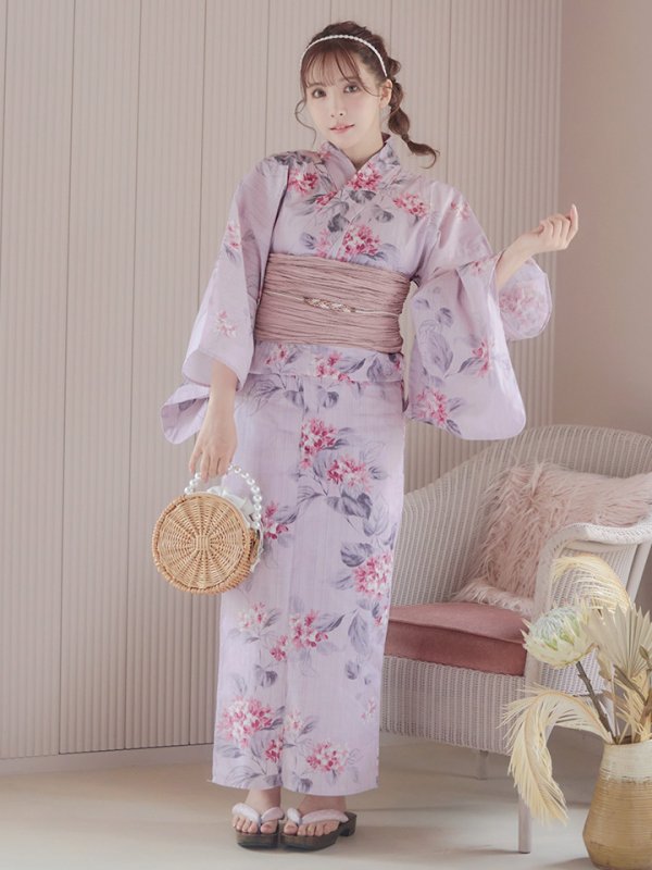 画像4: 【即日発送】【浴衣セール】ピンクストライプ地x紫陽花浴衣 【浴衣３点セット 浴衣/帯/下駄】[YMT] (4)