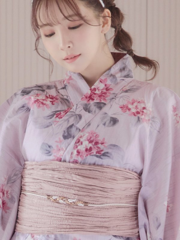 画像5: 【即日発送】【浴衣セール】ピンクストライプ地x紫陽花浴衣 【浴衣３点セット 浴衣/帯/下駄】[YMT] (5)