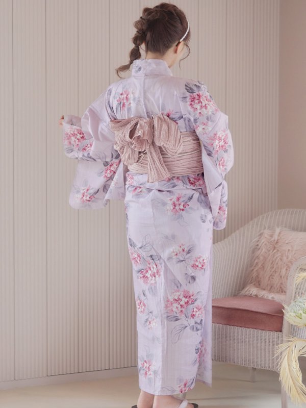 画像8: 【即日発送】【浴衣セール】ピンクストライプ地x紫陽花浴衣 【浴衣３点セット 浴衣/帯/下駄】[YMT] (8)