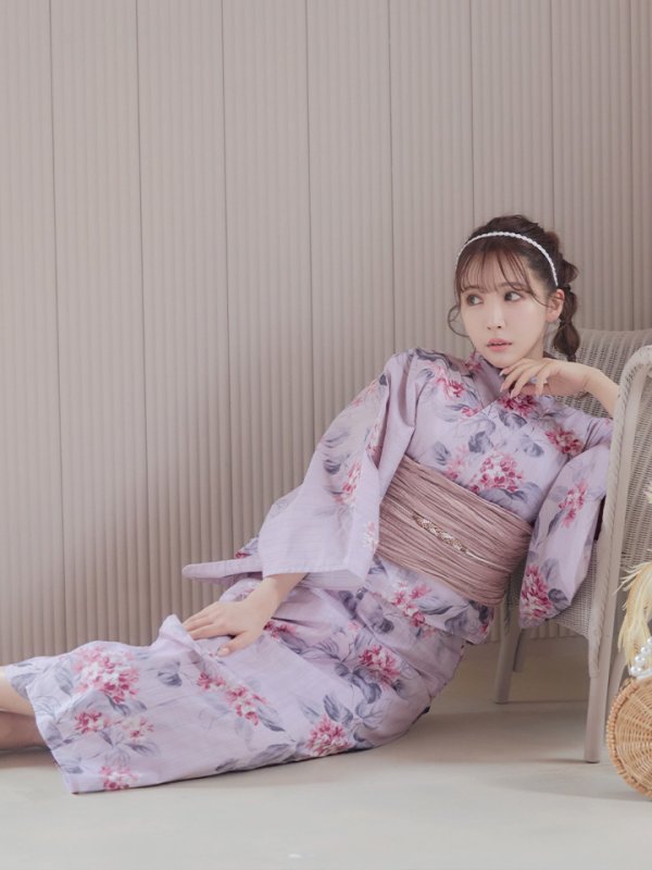 画像9: 【即日発送】【浴衣セール】ピンクストライプ地x紫陽花浴衣 【浴衣３点セット 浴衣/帯/下駄】[YMT] (9)