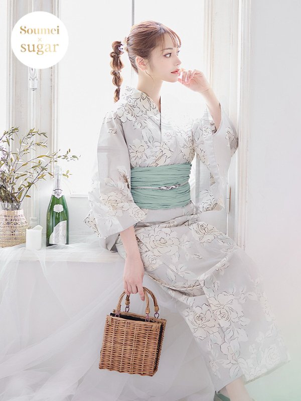 画像2: 【即日発送】【浴衣】グレー地にガーリー牡丹浴衣 【浴衣３点セット 浴衣/帯/下駄】[YMT] (2)