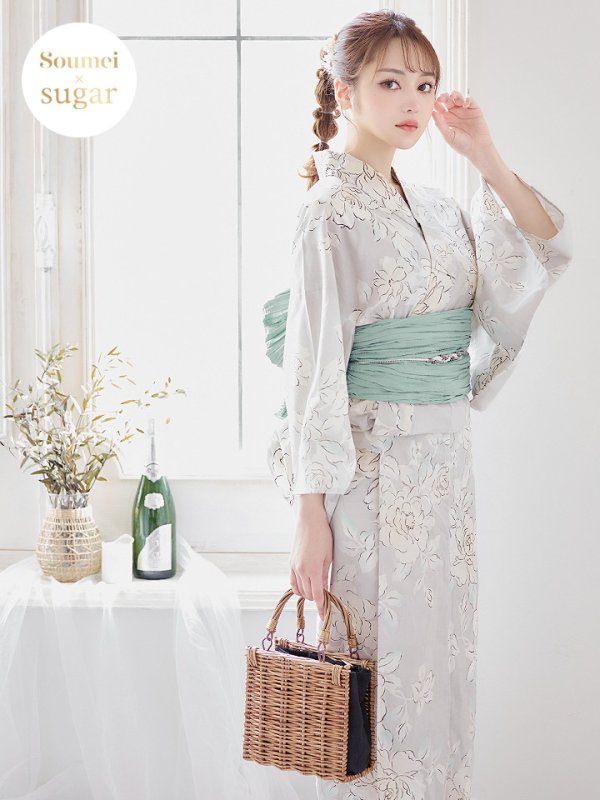 画像3: 【即日発送】【浴衣】グレー地にガーリー牡丹浴衣 【浴衣３点セット 浴衣/帯/下駄】[YMT] (3)