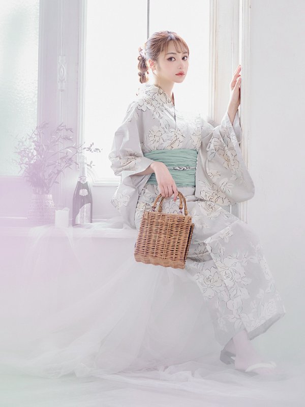 画像7: 【即日発送】【浴衣】グレー地にガーリー牡丹浴衣 【浴衣３点セット 浴衣/帯/下駄】[YMT] (7)