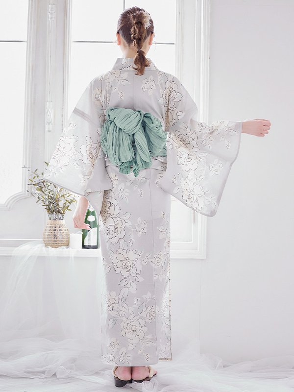 画像9: 【即日発送】【浴衣】グレー地にガーリー牡丹浴衣 【浴衣３点セット 浴衣/帯/下駄】[YMT] (9)