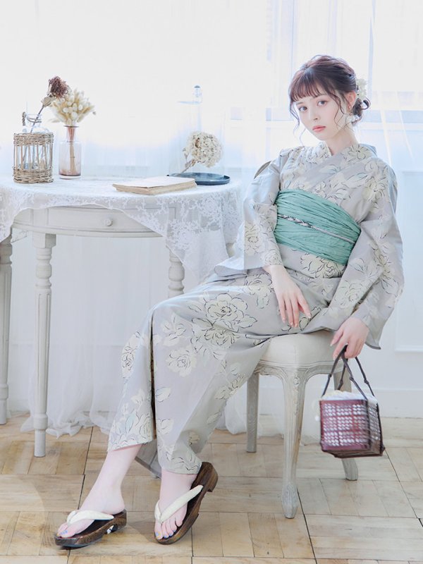 画像10: 【即日発送】【浴衣】グレー地にガーリー牡丹浴衣 【浴衣３点セット 浴衣/帯/下駄】[YMT] (10)