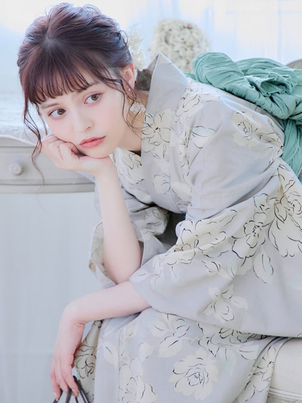 画像11: 【即日発送】【浴衣】グレー地にガーリー牡丹浴衣 【浴衣３点セット 浴衣/帯/下駄】[YMT] (11)