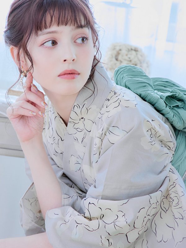 画像13: 【即日発送】【浴衣】グレー地にガーリー牡丹浴衣 【浴衣３点セット 浴衣/帯/下駄】[YMT] (13)