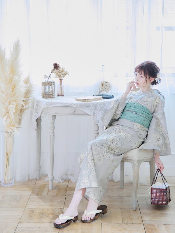 画像14: 【即日発送】【浴衣】グレー地にガーリー牡丹浴衣 【浴衣３点セット 浴衣/帯/下駄】[YMT] (14)