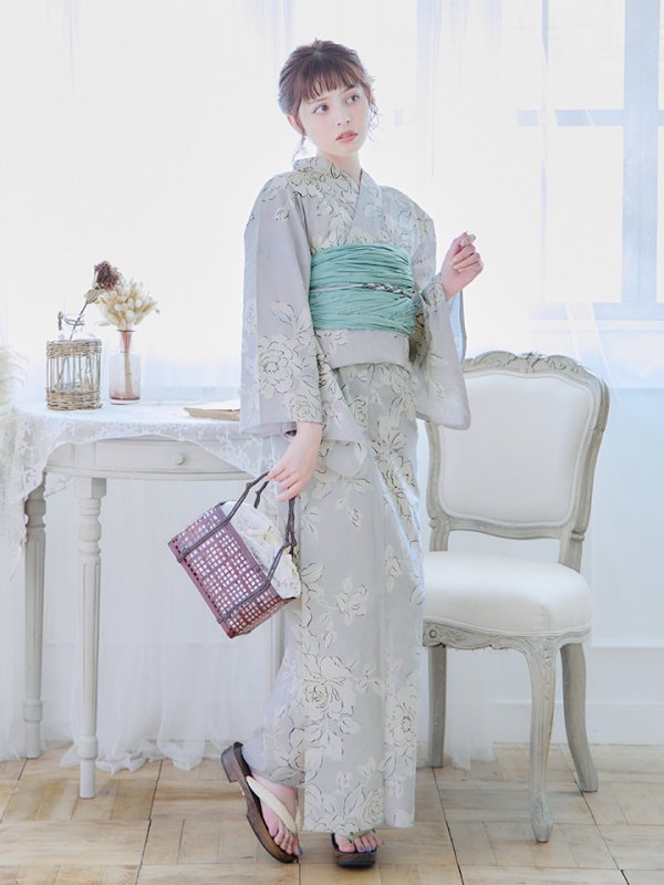 画像15: 【即日発送】【浴衣】グレー地にガーリー牡丹浴衣 【浴衣３点セット 浴衣/帯/下駄】[YMT] (15)