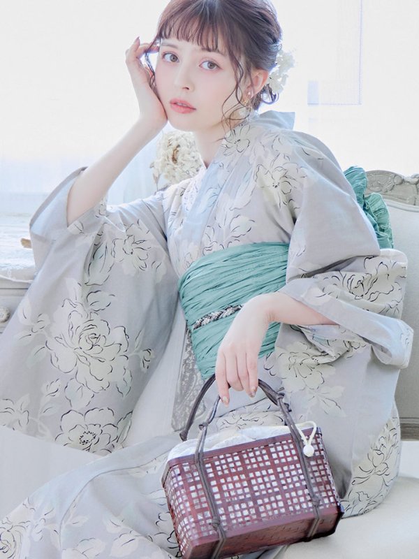 画像16: 【即日発送】【浴衣】グレー地にガーリー牡丹浴衣 【浴衣３点セット 浴衣/帯/下駄】[YMT] (16)